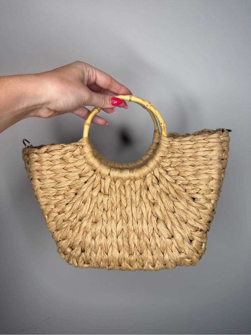 Woven Straw Tote Bag with Bamboo Handles - Natural